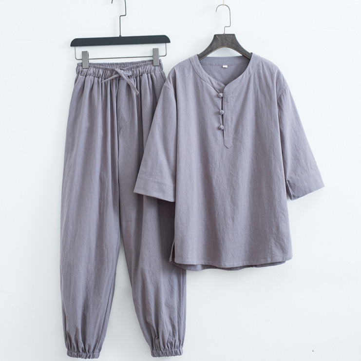 Chinese style Tang suit cotton and linen short-sleeved casual men's T-shirt suit summer loose V-neck five-quarter sleeves Chinese retro plate buckle