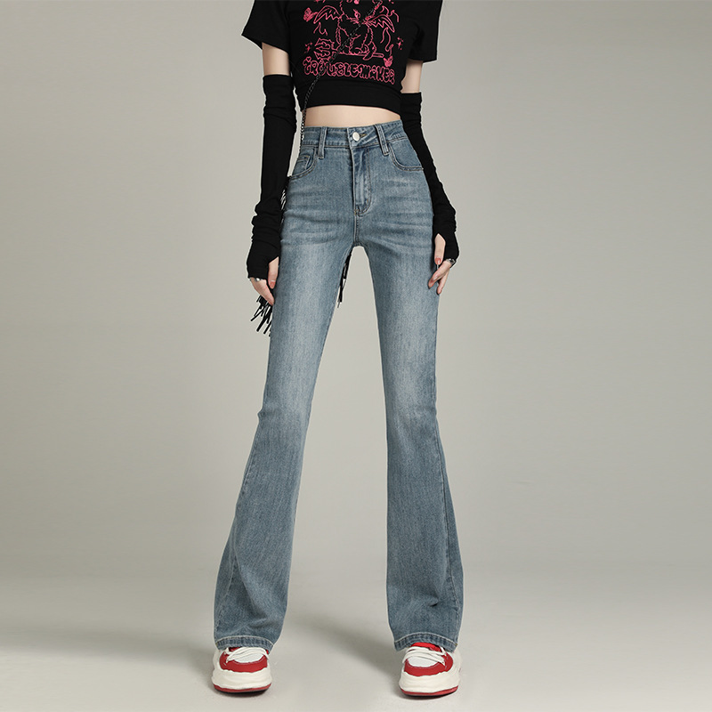 Retro high-waist micro-flared jeans for women in spring and autumn stretchy slim-fit hot girl straight wide-leg floor mopping pants