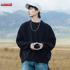 Solid color thick needle pit texture sweater for men, autumn and winter new couple Japanese style retro loose round neck heavy knitted sweater