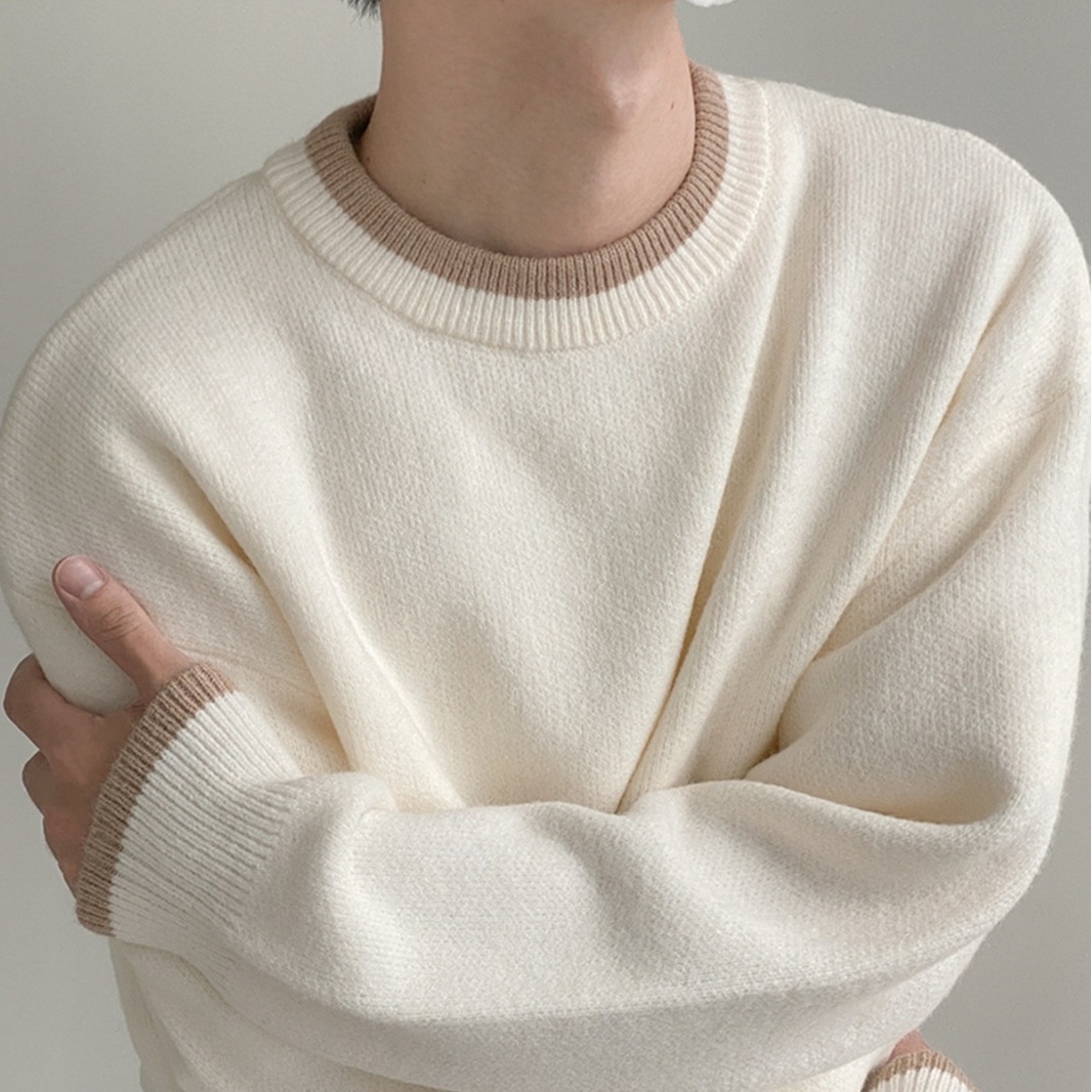 Collar contrast color autumn and winter new sweater men's round neck warm color loose outer wear sweater men's Korean version trend base