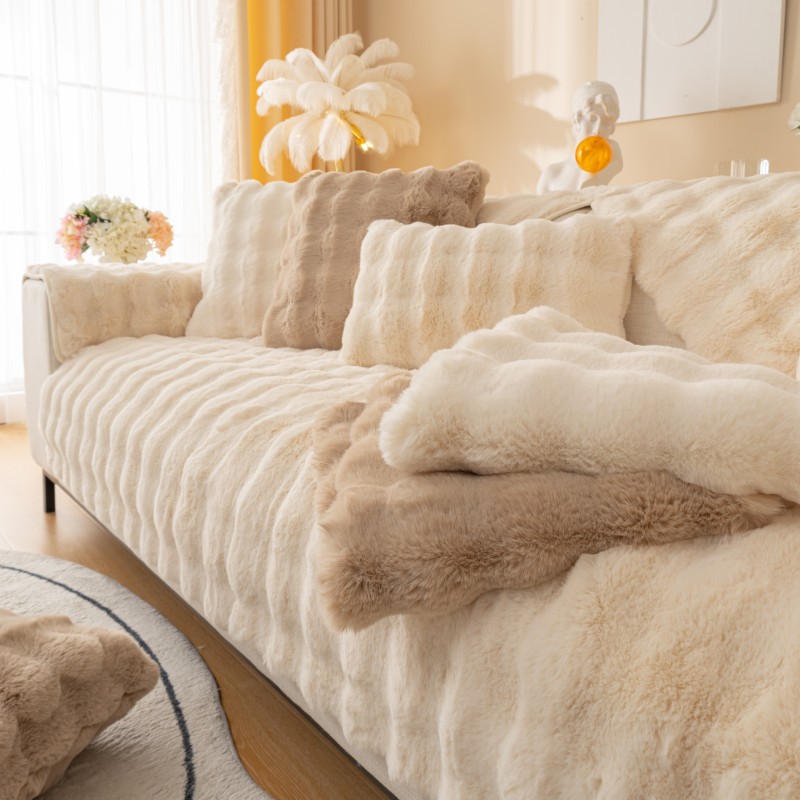 Rabbit plush sofa cushion winter Internet celebrity plush thickened non-slip cushion leather sofa special cover new cover cloth