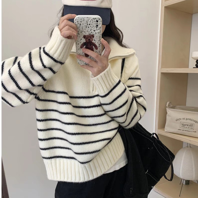 New autumn and winter half-zip contrast striped sweater tops for women Korean style loose soft waxy casual sweater pullover trend
