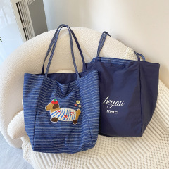 Striped denim double-sided shoulder bag large capacity casual tote bag women ins Korean style new portable school bag