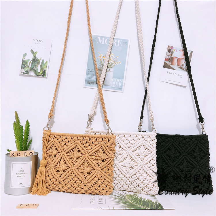 Tassel hand-held cross-body bag, cotton rope, cotton thread bag, cross-body shoulder bag, straw woven bag, woven women's bag