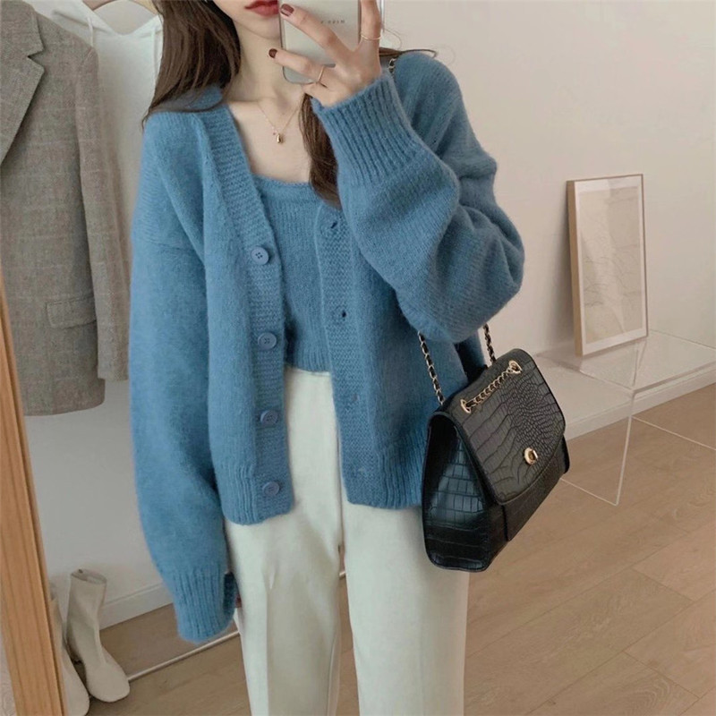 New autumn camisole knitted cardigan two-piece top gentle lazy style sweater jacket for women