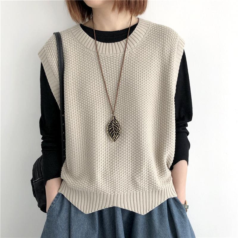 Knitted vest women's vest spring solid color loose round neck irregular pullover short vest vest outer