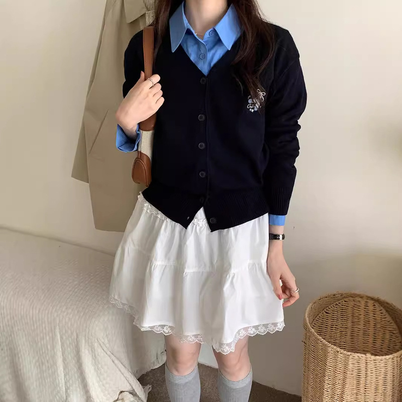 Weisong Korean college style long-sleeved sweater for women autumn new versatile casual right shoulder V-neck cardigan top