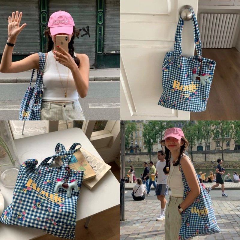 New INS blogger Rouje's same style blue plaid flower logo printed canvas bag canvas bag single shoulder