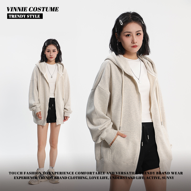 Spring and Autumn heavyweight 370g large terry hooded zipper sweatshirt women's trendy brand solid color retro loose couple cardigan jacket