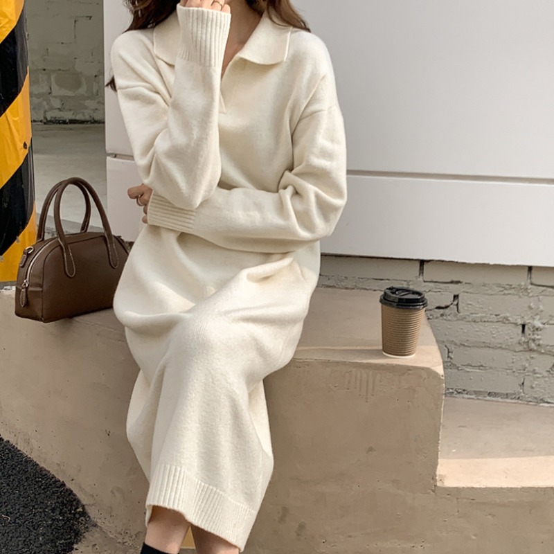 polo collar bottoming skirt autumn and winter with coat long over the knee lazy style loose thick sweater knitted dress for women