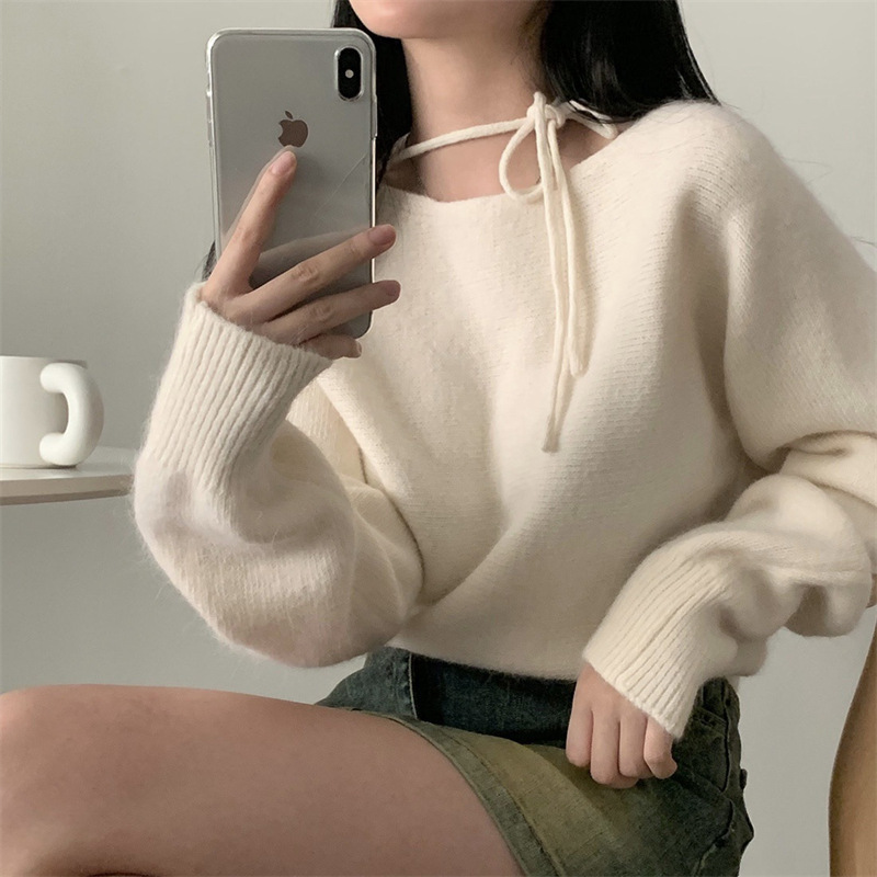 French style gentle style irregular slant collar halter neck tie pullover sweater fashionable loose versatile soft waxy sweater for women
