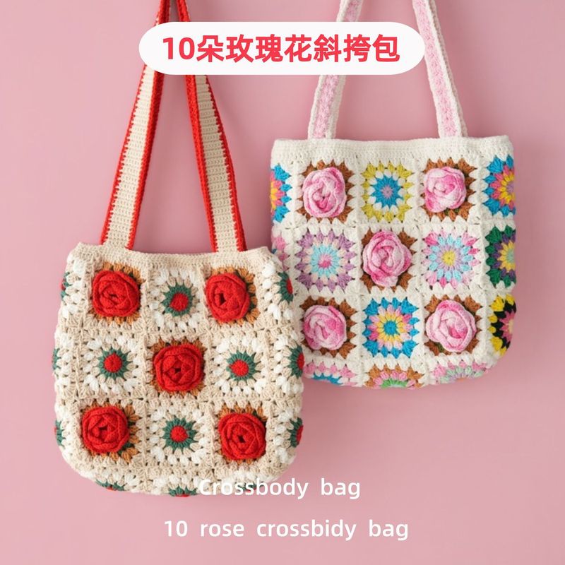 Chinese style woven bag Cherphy thread woven 10 roses shoulder bag red knitted bag pink woolen bag