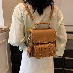 Cartoon printing new fashion Korean version PU bag belt retro women's casual backpack trendy women's bag backpack