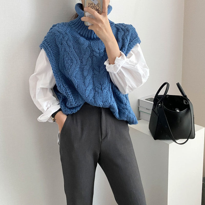 Korean Spring and Autumn College Style Lazy Turtleneck Twist Knitted Vest Loose Solid Color Versatile Sweater Vest