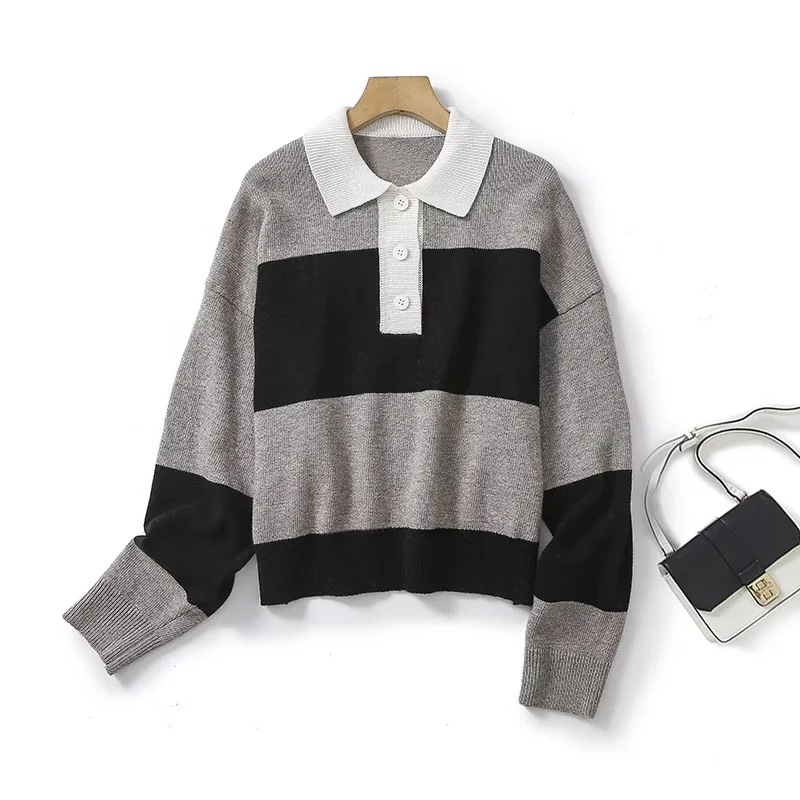 Foreign trade 2024 European and American spring new loose POLO collar color-blocked pullover sweater for women 5505