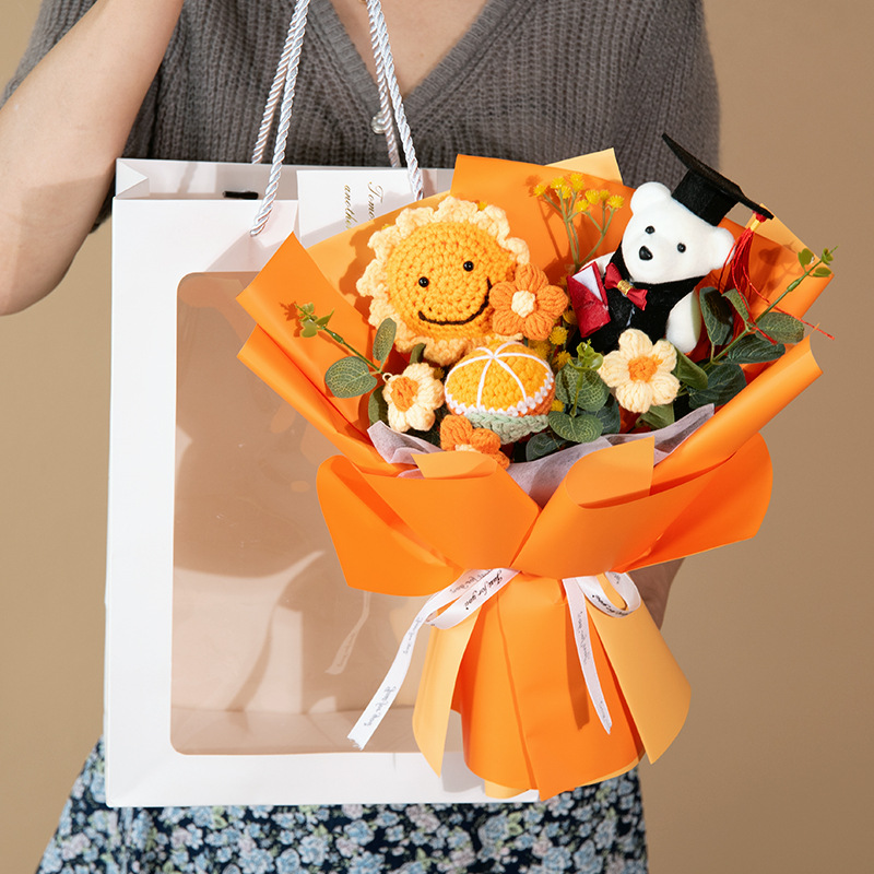 Creative sunflower knitted wool bouquet Doctor Bear hand-knitted graduation bouquet adult gift for primary and secondary school students