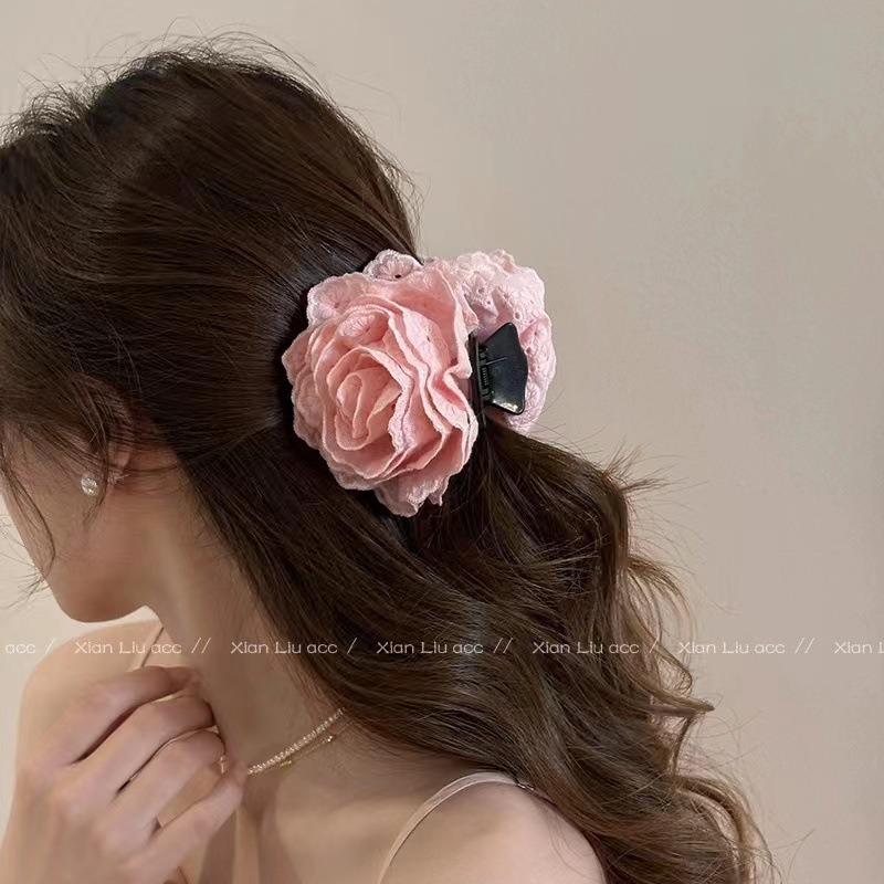 Atmosphere~Flower Clip Rose Half-tied Hair Clip Women's High-End Premium Headwear Large Flower Large Shark Clip