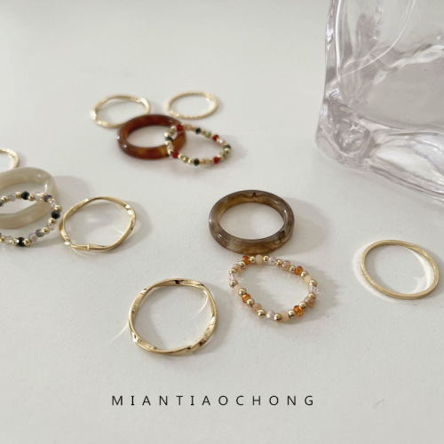 Retro ins Japanese and Korean colored beaded resin acetate plate French personalized index finger tail ring wavy ring set