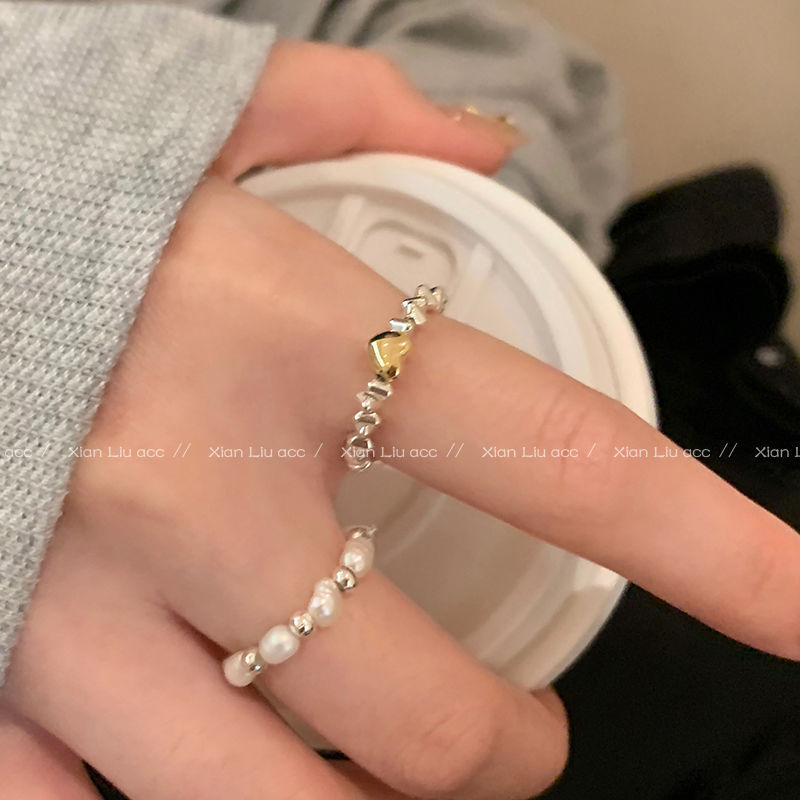 Broken silver separated beads pearl metal love ring women light luxury niche design personality simple retro temperament ring