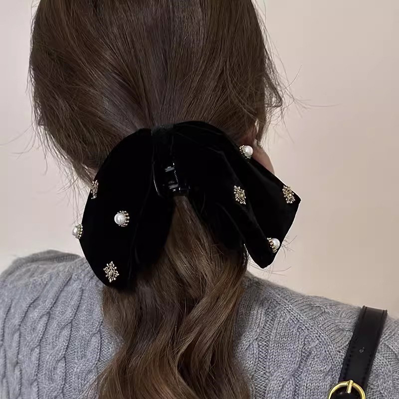 Korean silk velvet pearl grabber women's 2024 new high-end black bow hairpin back head headdress
