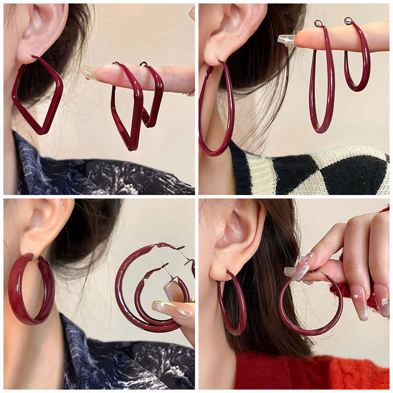 Ancora red plain hoop earrings, high-end exaggerated earrings, 925 silver needle earrings, Hong Kong style retro earrings for women