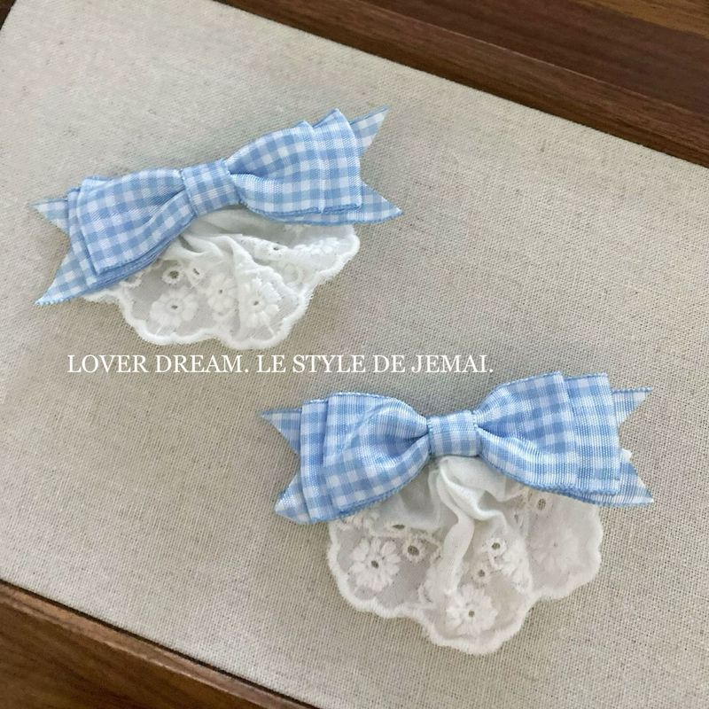 Korean Sea Salt Blue Fabric Bow Hair Clip Sweet Plaid Lace Student Cute Hair Clip Headwear Hair Accessories for Women