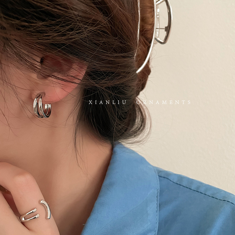 Temperament and high-end double-layer hoop earrings new trendy earrings for women light luxury niche design plain hoop earrings