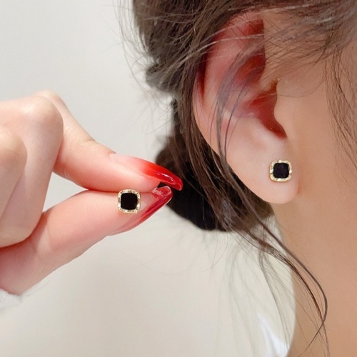 Black square small earrings women's sterling silver earrings 2024 new hot style exquisite temperament high-end ear piercing earrings