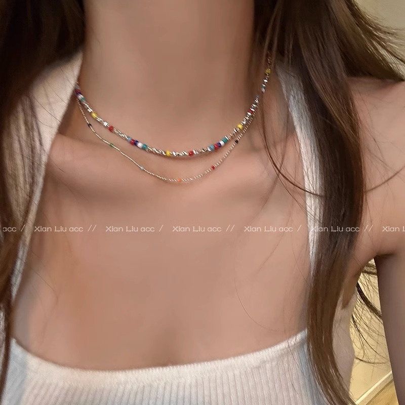 Colorful beaded broken silver necklace women's summer light luxury niche design clavicle chain necklace high-end accessories