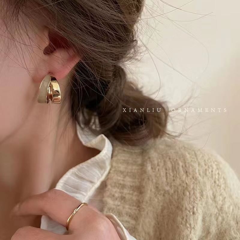 Retro high-end earrings niche design female Internet celebrity temperament S925 silver needle dark coffee gray oil dripping autumn and winter earrings