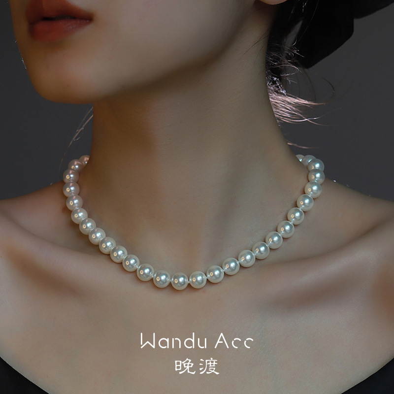 Australian mother-of-pearl sea shell beads round pearl necklace summer non-fading sterling silver ingot buckle high-end Australian white French necklace