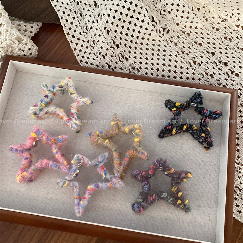 Korea's new colorful knitted wool five-pointed star hairpin, sweet and cute back head grabber hairpin hairpin