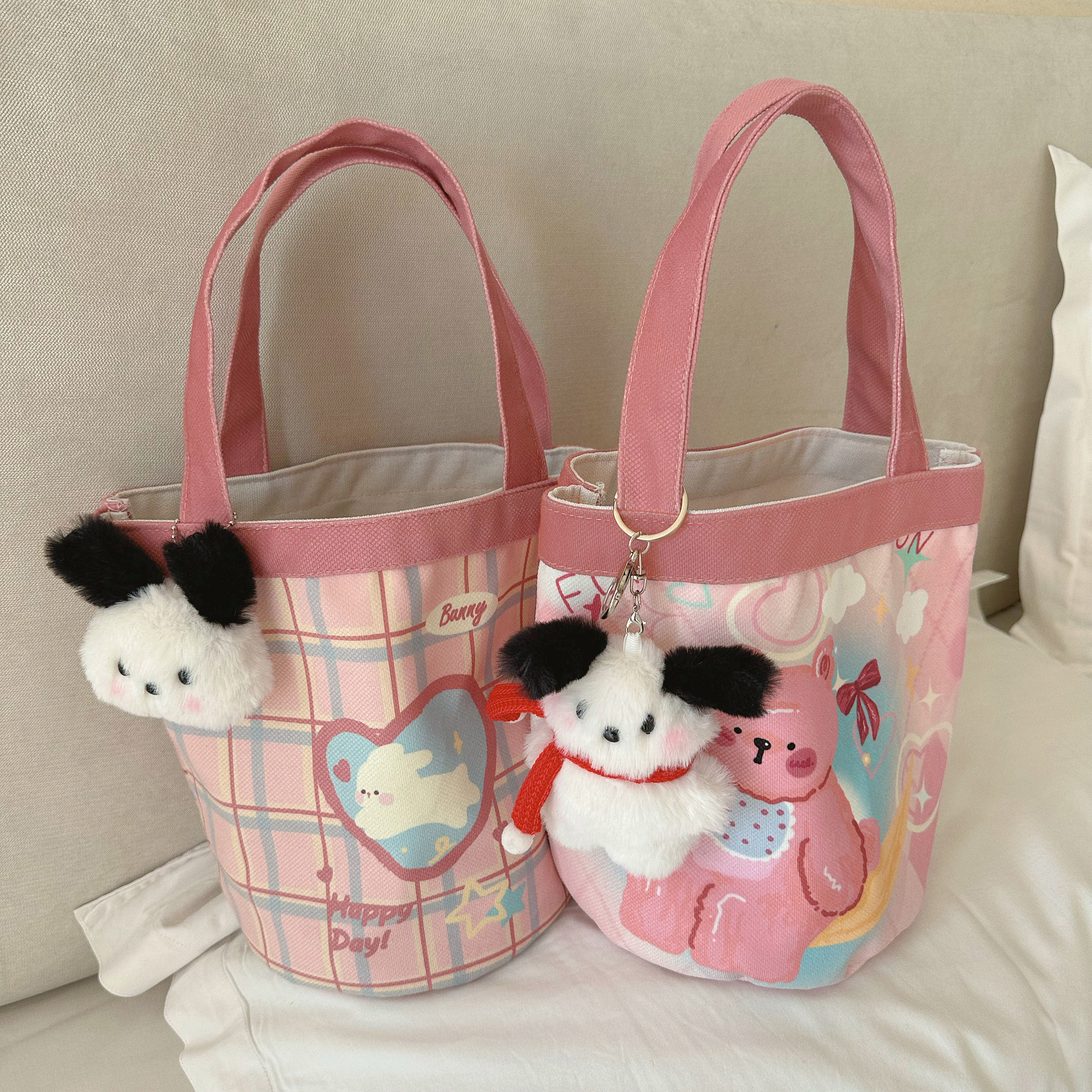 Original Bucket Bag 2024 Cartoon Large Capacity Ins Versatile Mummy Portable Work Girl Heart Lunch Box Cylinder Bag