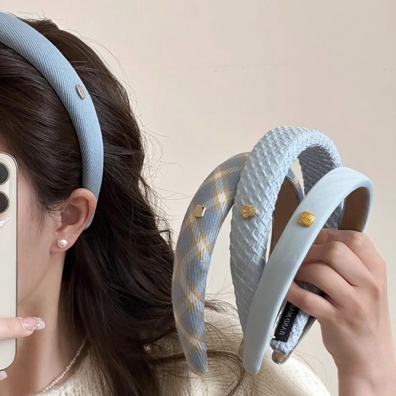 2024 New Gold Label Blue Headband Female Internet Celebrity High Head Pressure Hair Washing Headband Sweet Girl Versatile Hairpin
