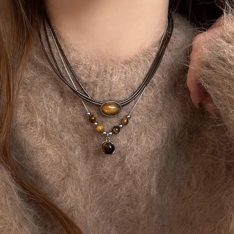 Retro leather tiger eye stone necklace for women Chinese style stacked choker niche necklace versatile temperament clavicle chain accessories