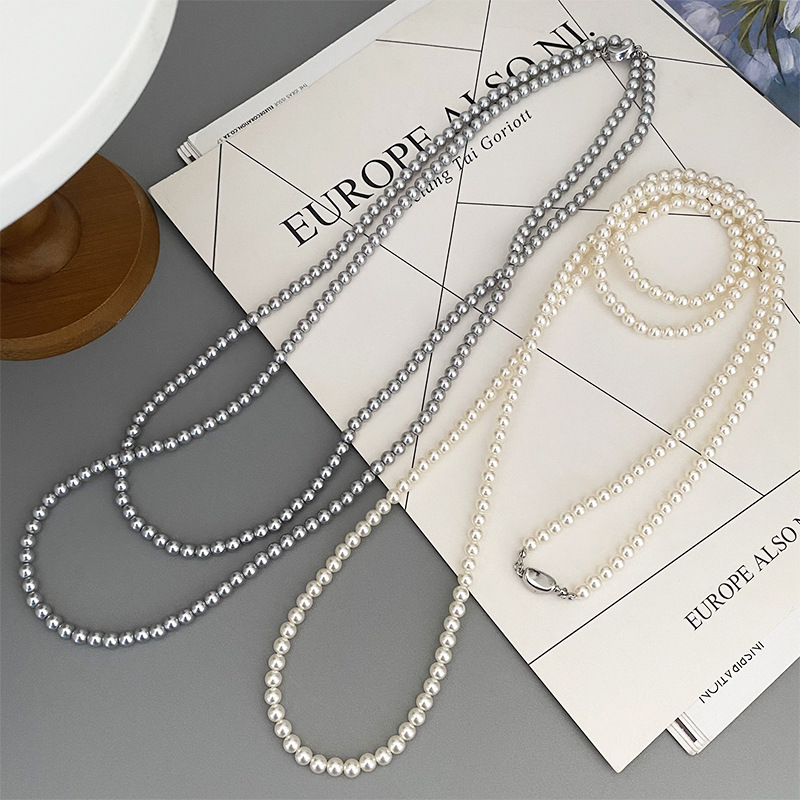 French fashion high-gloss Shijia pearl sweater chain women's high-end long style light luxury versatile design stacking necklace