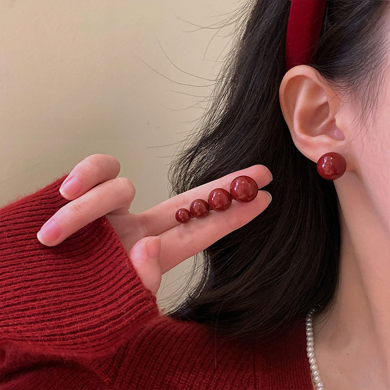 Burgundy bean pearl earrings for women, retro red earrings, ear piercing sticks, high-end, no-removal earrings