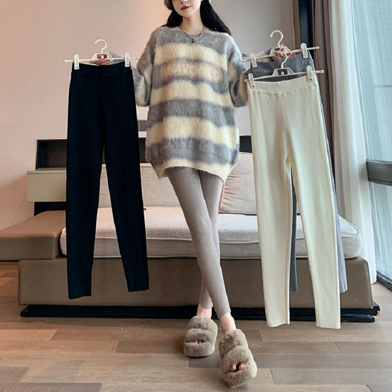 Spot tight knitted high-waisted leggings 2024 autumn and winter new women's thick warm knitted fine-grained outer leggings