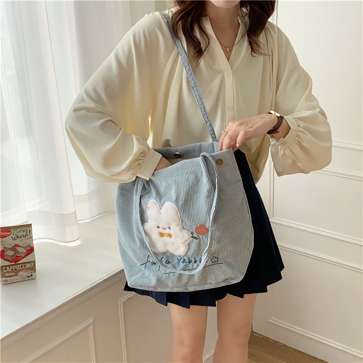 New Japanese corduroy cute girly embroidered shoulder bag student school bag literary and artistic portable canvas bag trendy
