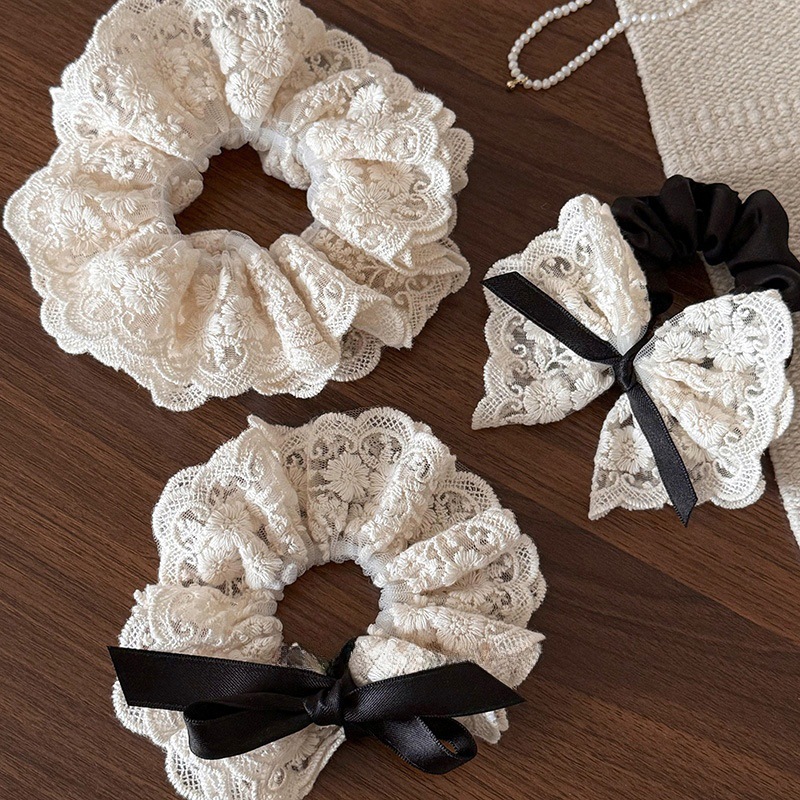 French retro double-layer bow lace large intestine hair ring Internet celebrity 2024 new style hair tie head rope head flower hair accessory