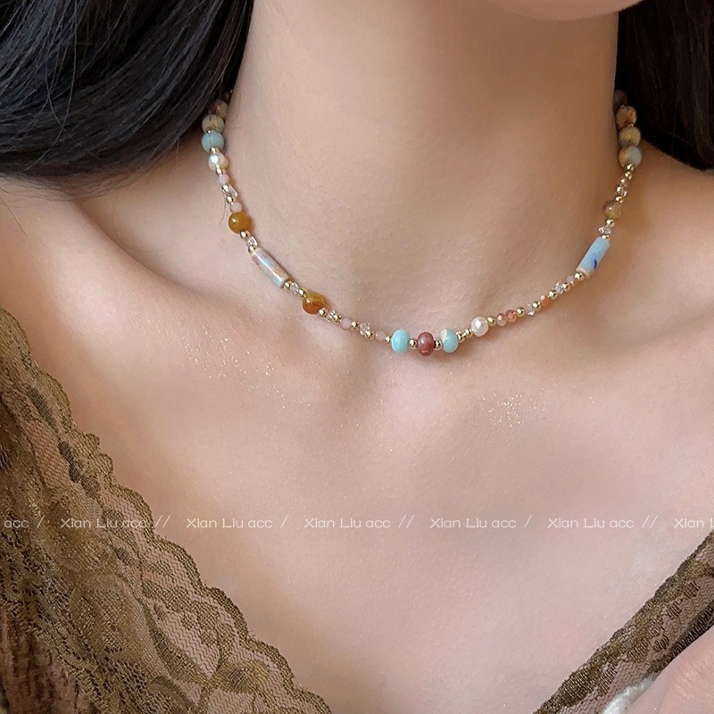 Dopamine Rice Beads Pearl Cylindrical Bead Necklace Fashionable Temperament Niche Clavicle Chain Personalized Versatile Necklace for Women