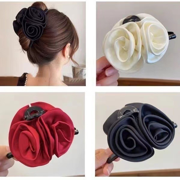 Spring and summer satin rose hairpin for women, high-end and temperament, hairpin on the back of the head, super fairy large shark clip hair accessory