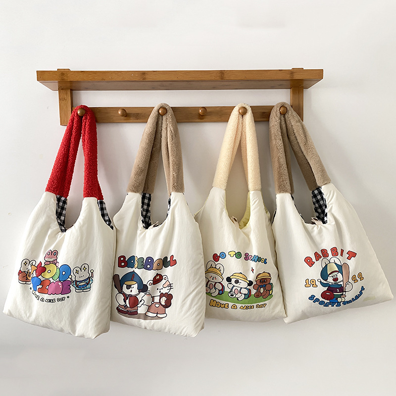 Ye language/Retro Illustration Printed Double-Sided Large Capacity Shoulder Bag Autumn and Winter New Style Bag for Women