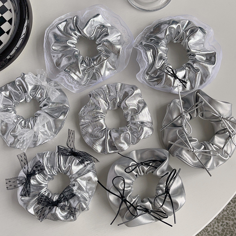 Silver leather bow large intestine hair tie 2024 new high-end hair tie headband rubber band ballet style headwear