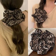 American retro leopard print large intestine hair tie for women, high-end double-layered flower hair rope, temperament hot girl with low ponytail hair rope
