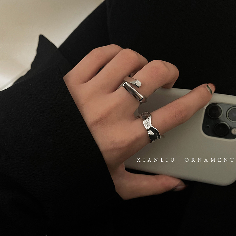 Square wave open ring for women, fashionable personality, niche design, high-end index finger ring, exquisite adjustable ring