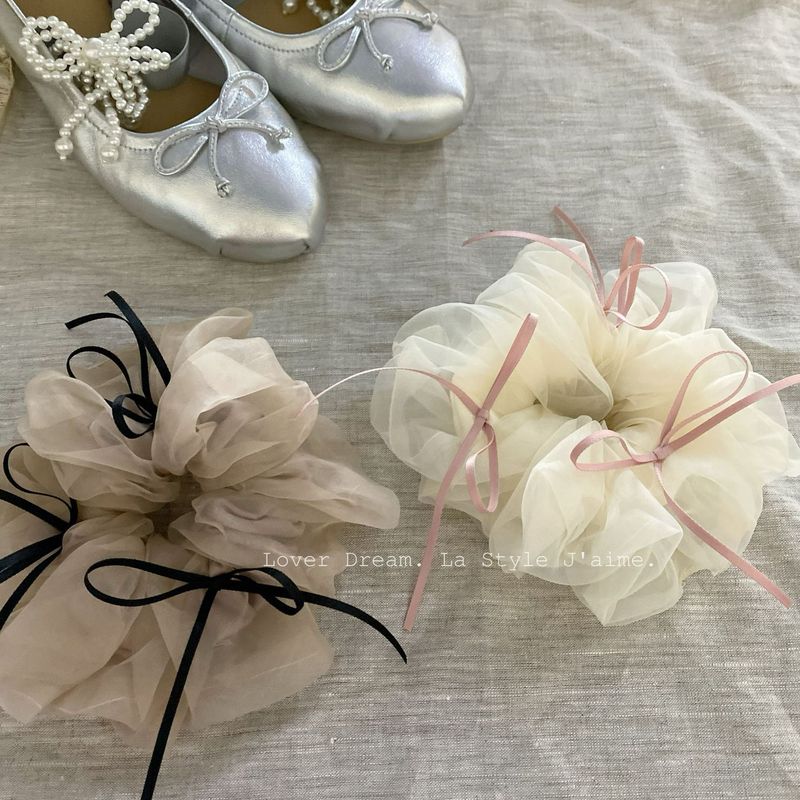 Korea's new pink ribbon bow mesh fabric large intestine hair tie sweet super fairy headdress versatile hair accessories
