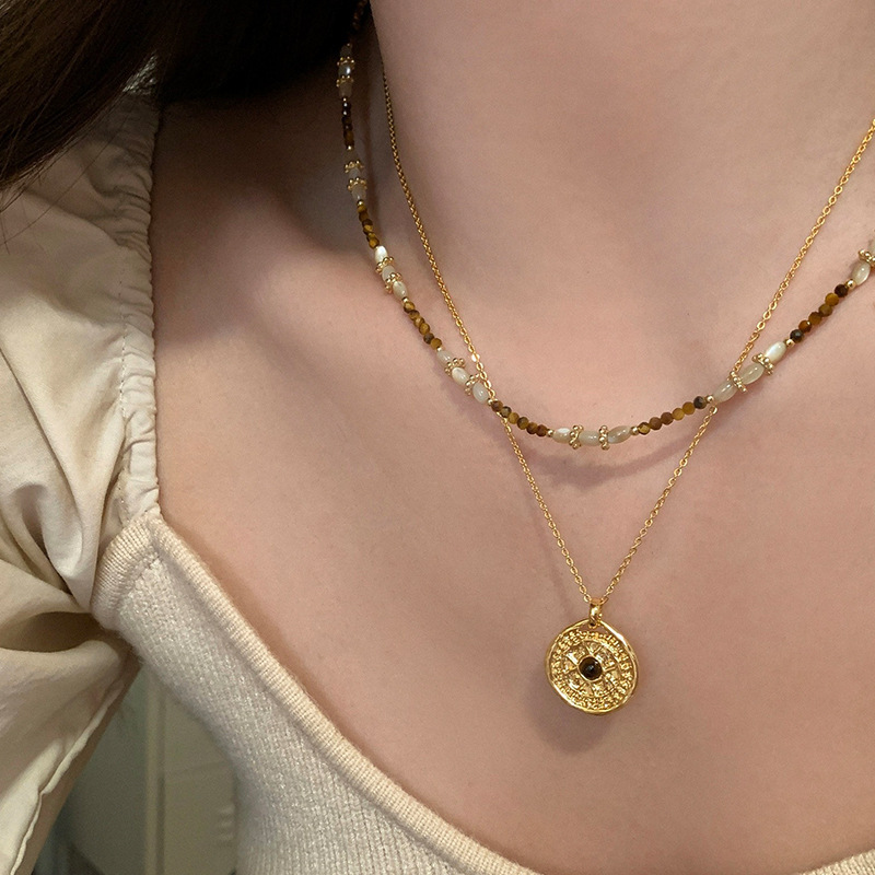Maillard style natural stone beaded compass pendant stacked necklace women's light luxury retro all-match neck chain clavicle chain