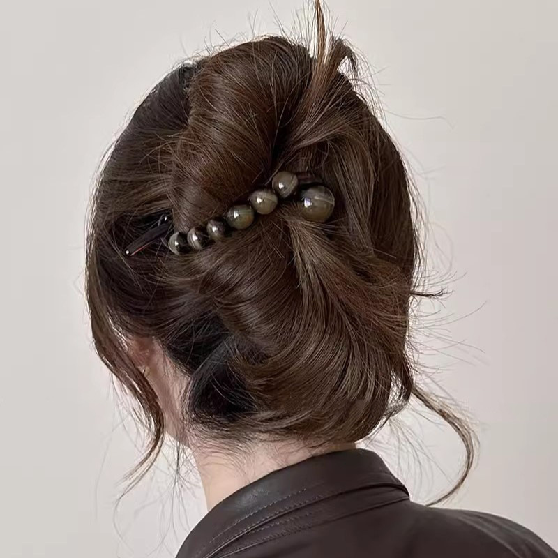 High-end coffee-colored pearl hairpin for women 2024 new style one-word grabber on the back of the head, temperament hair twisting hairpin headgear