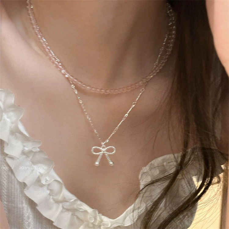 Double-layered pink beaded bow necklace for women 2024 new clavicle chain high-end neck accessories